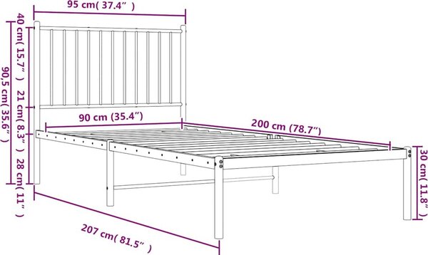 VidaXL Kovový rám postele s čelem 90 x 200 cm [350924] Barva: Černá