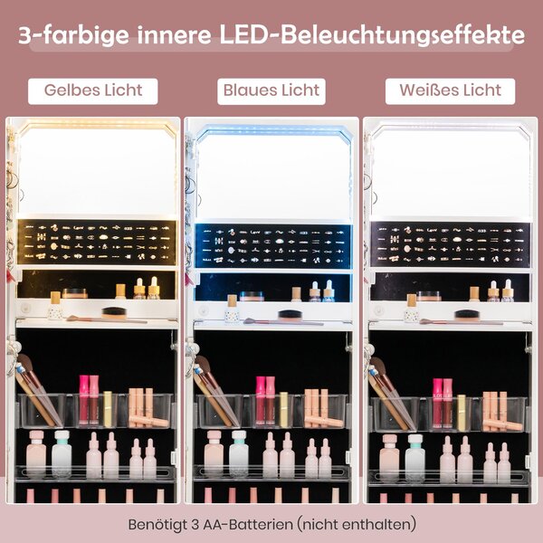 Nástěnná skříňka na šperky, uzamykatelná skříňka na šperky se zrcadlovým čelem, integrované toaletní zrcadlo, velurové obložení a 3 LED světla, 120 cm, bílá