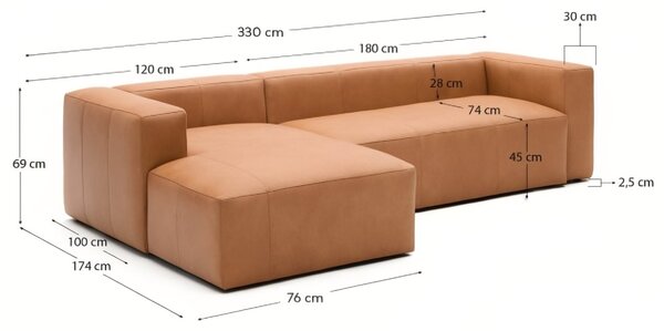 Kave Home Kožená rohová pohovka Blok 330 cm, levá