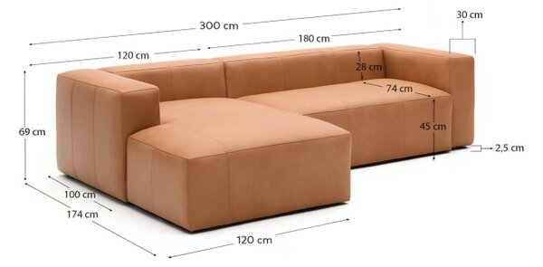 Kave Home Kožená rohová pohovka Blok 300 cm, levá