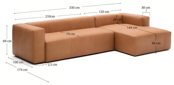 Kave Home Kožená rohová pohovka Blok 330 cm, pravá