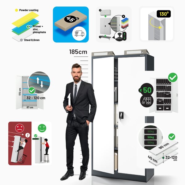 Kancelářská skříň na dokumenty se 4 policemi, antracitovo-bílá, 900x1850x400 mm: JAN