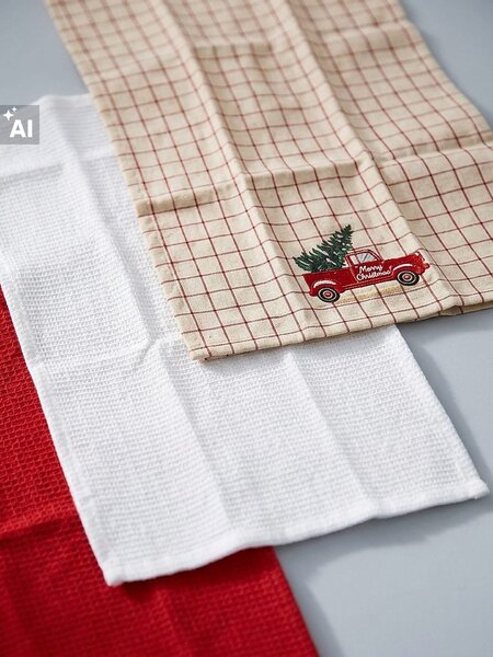 Sinsay - Sada vánočních kuchyňských utěrek s autem s vánočním stromkem 3 pack - červená