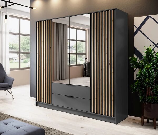 Čtyřdveřová skříň se zrcadlem MARFA - šířka 206 cm, grafit / dub artisan