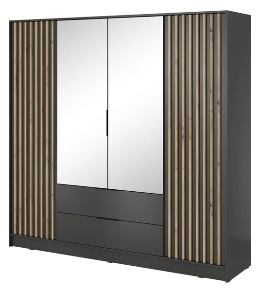 Čtyřdveřová skříň se zrcadlem MARFA - šířka 206 cm, grafit / dub artisan