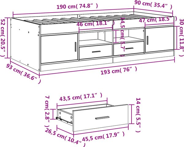 VidaXL Válenda se zásuvkami bez matrace 90 x 190 cm [3280252] Barva: Bílá