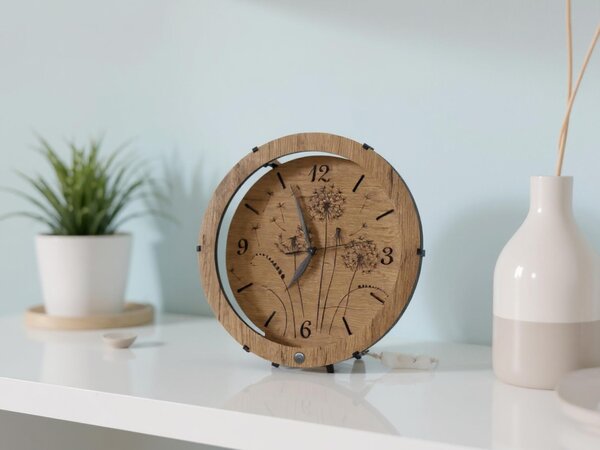 "Pampeliška" světelné hodiny s powerbankou a pohybovým čidlem/dub velikost svítidla/hodin: 31 cm