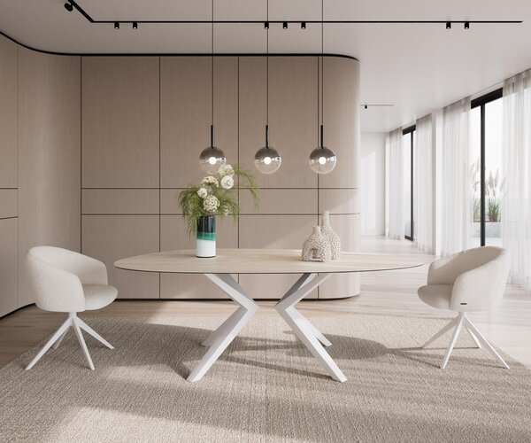 DELIFE Jídelní stůl Edge oválný 220x120 keramika Laminam®Travertino Bianco krémově bílý Zenthara hranatý kov bílý