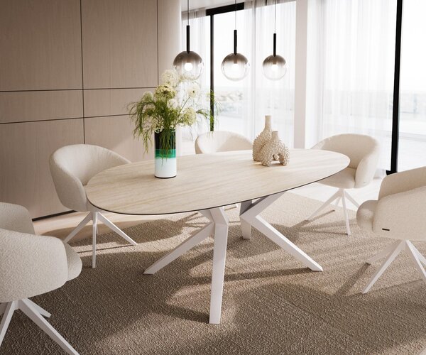 DELIFE Jídelní stůl Edge oválný 220x120 keramika Laminam®Travertino Bianco krémově bílý Zenthara hranatý kov bílý