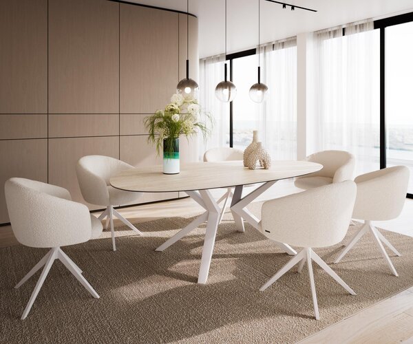 DELIFE Jídelní stůl Edge oválný 220x120 keramika Laminam®Travertino Bianco krémově bílý Zenthara hranatý kov bílý