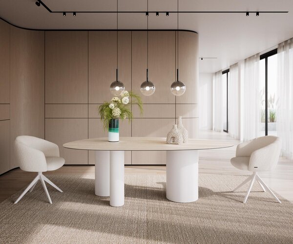 DELIFE Jídelní stůl Edge oválný 220x120 keramika Laminam® Travertino Bianco krémově bílá Troa kov bílá
