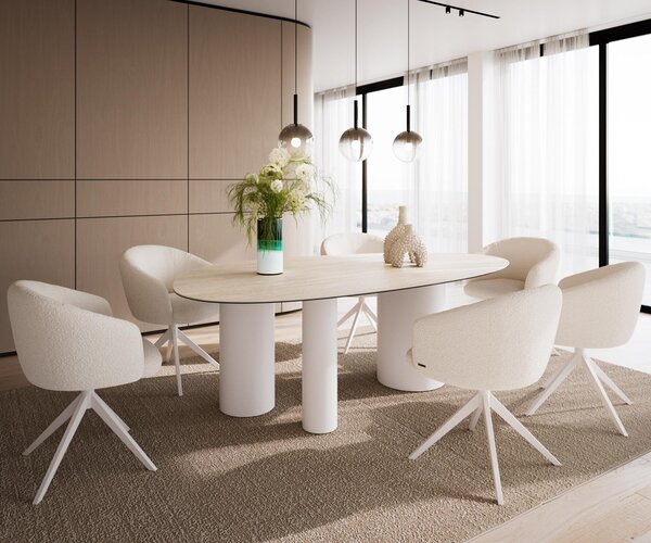 DELIFE Jídelní stůl Edge oválný 220x120 keramika Laminam® Travertino Bianco krémově bílá Troa kov bílá