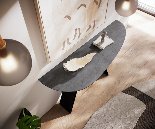 DELIFE Konzolový stůl Edge oválný 140×40 cm keramika beton šedá Velio kov černá