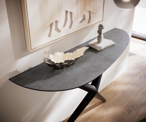 DELIFE Konzolový stůl Edge oválný 140×40 cm keramika beton šedá Estelo kov černá