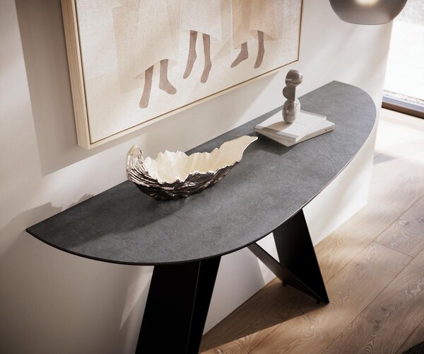 DELIFE Konzolový stůl Edge oválný 140×40 cm keramika beton šedá Velio kov černá