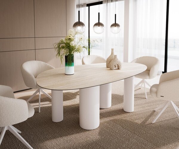 DELIFE Jídelní stůl Edge oválný 220x120 keramika Laminam®Travertino Bianco krémově bílý kovová podnož bílá