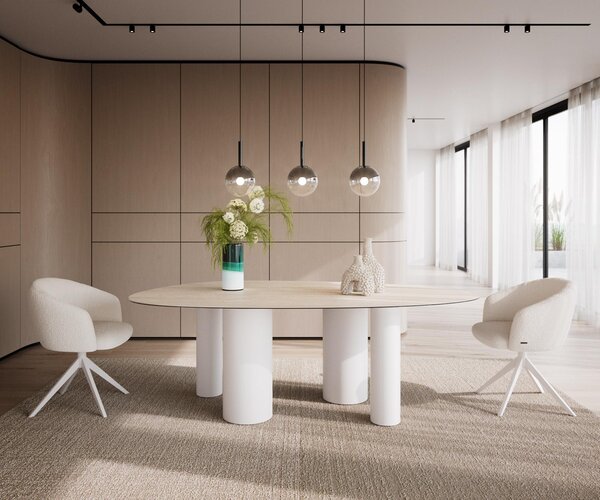DELIFE Jídelní stůl Edge oválný 220x120 keramika Laminam®Travertino Bianco krémově bílý kovová podnož bílá