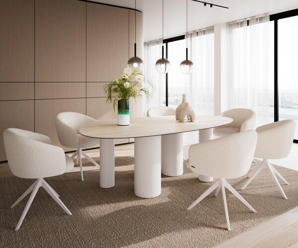 DELIFE Jídelní stůl Edge oválný 220x120 keramika Laminam®Travertino Bianco krémově bílý kovová podnož bílá
