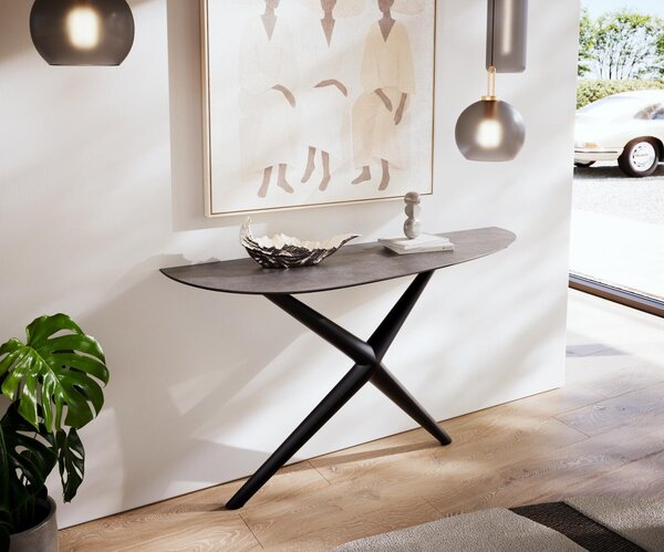 DELIFE Konzolový stůl Edge oválný 140×40 cm keramika beton šedá Estelo kov černá