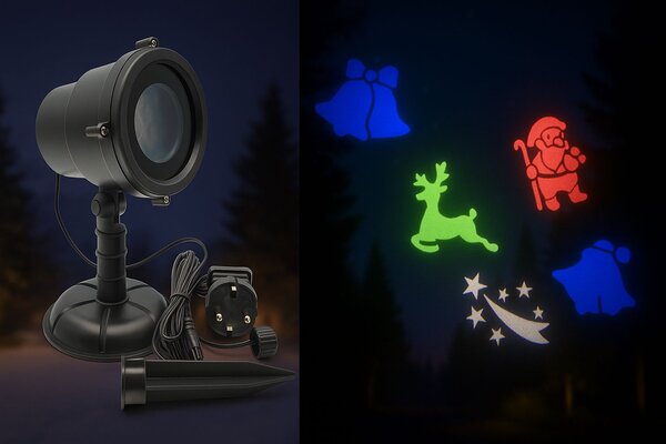 Venkovní dekorativní projektor s různými vánočními motivy – Santa Claus, kometa, sob a zvonky
