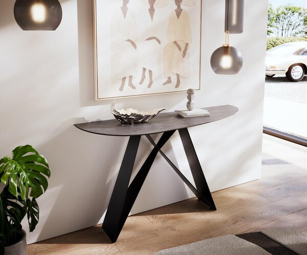 DELIFE Konzolový stůl Edge oválný 140×40 cm keramika beton šedá Velio kov černá