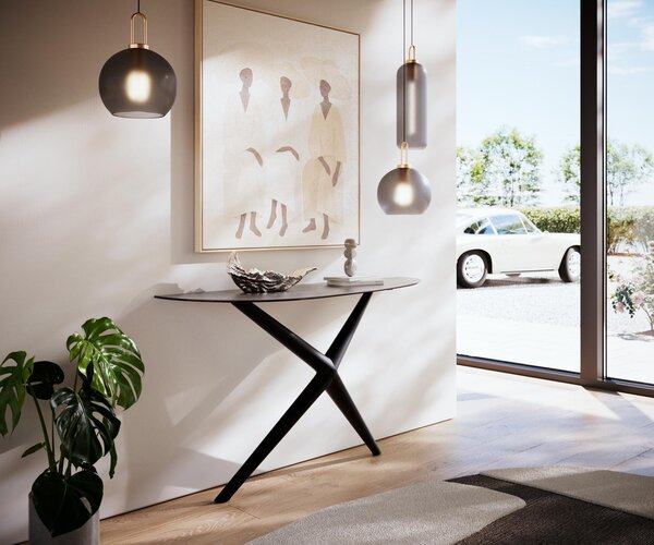 DELIFE Konzolový stůl Edge oválný 140×40 cm keramika beton šedá Estelo kov černá