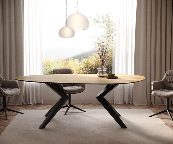 DELIFE Jídelní stůl Edge oválný 220x120 keramika Laminam® Sabbia dubová Zenthara hranatý kov černý