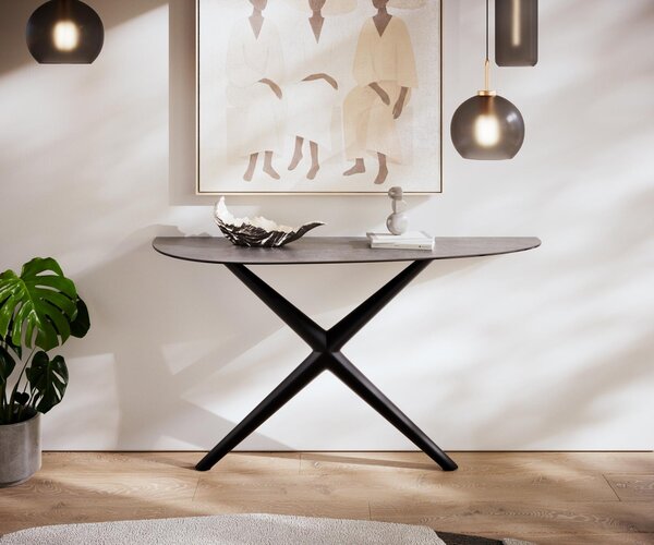 DELIFE Konzolový stůl Edge oválný 140×40 cm keramika beton šedá Estelo kov černá