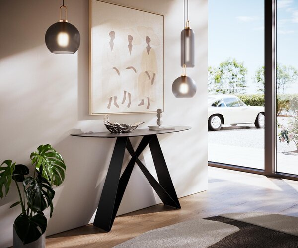 DELIFE Konzolový stůl Edge oválný 140×40 cm keramika beton šedá Velio kov černá