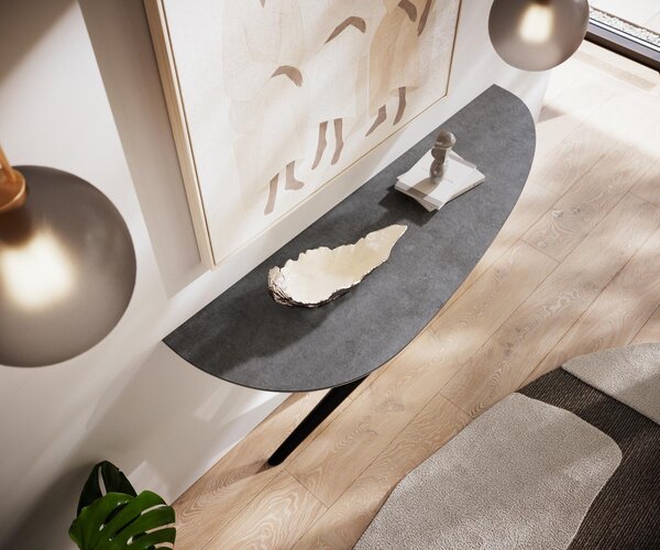 DELIFE Konzolový stůl Edge oválný 140×40 cm keramika beton šedá Estelo kov černá
