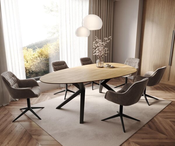 DELIFE Jídelní stůl Edge oválný 220x120 keramika Laminam® Sabbia dubová Zenthara hranatý kov černý