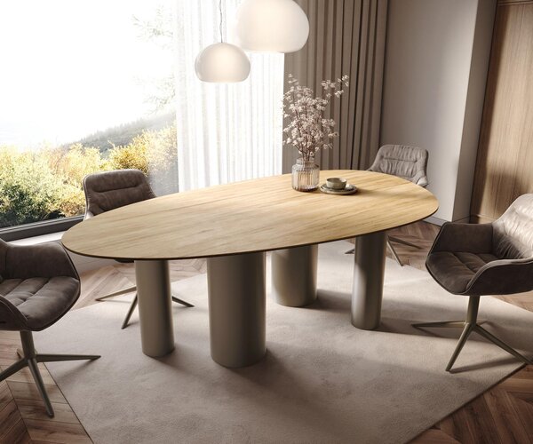 DELIFE Jídelní stůl Edge oválný 220x120 keramika Laminam® Sabbia dubová podnož kov titanový efekt
