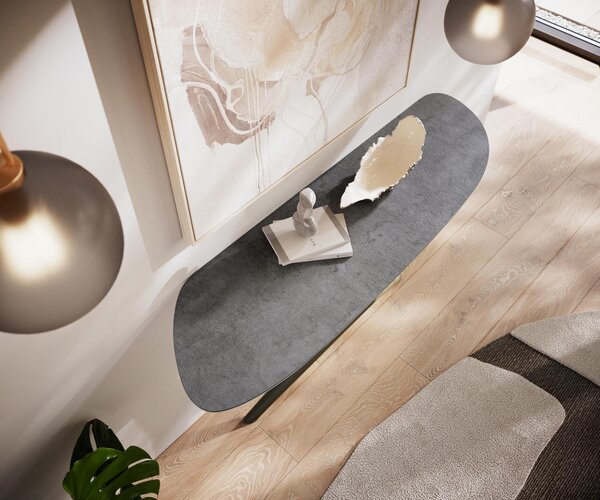 DELIFE Konzolový stůl Edge organický 140×40 cm keramika beton šedá Estelo kov titanová barva