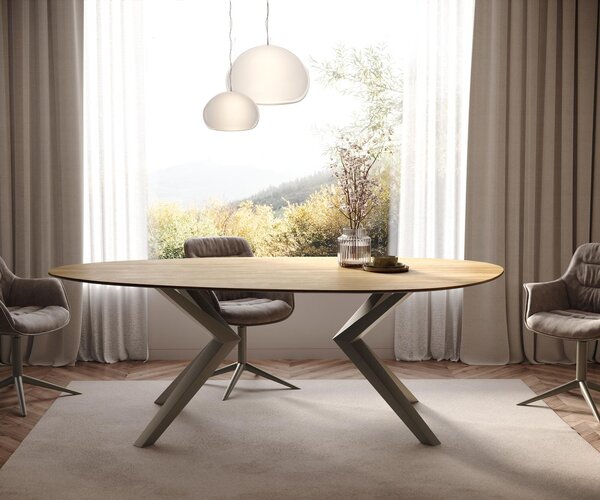 DELIFE Jídelní stůl Edge oválný 220x120 keramika Laminam® Sabbia dubová Zenthara hranatý kov titanové efektové provedení
