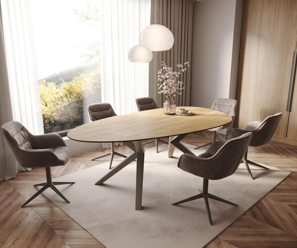 DELIFE Jídelní stůl Edge oválný 220x120 keramika Laminam® Sabbia dubová Zenthara hranatý kov titanové efektové provedení