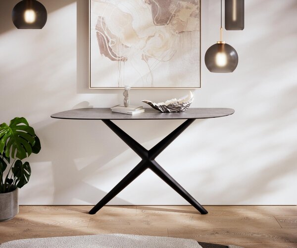 DELIFE Konzolový stůl Edge organický 140×40 cm keramika beton šedá Estelo kov černá