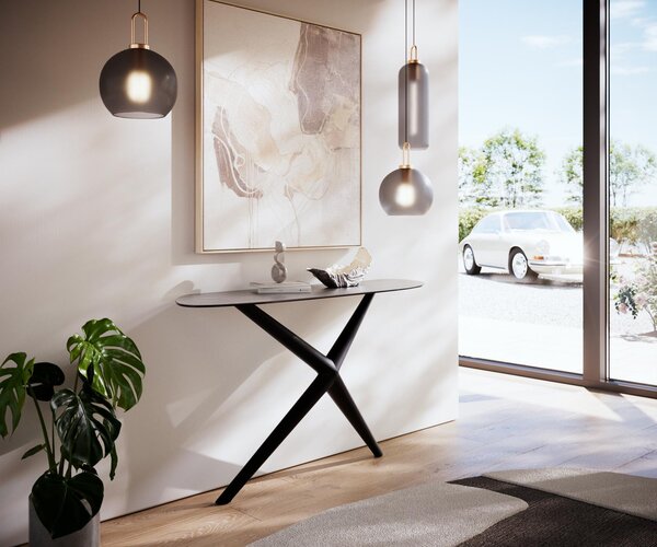 DELIFE Konzolový stůl Edge organický 140×40 cm keramika beton šedá Estelo kov černá