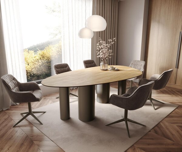 DELIFE Jídelní stůl Edge oválný 220x120 keramika Laminam® Sabbia dubová podnož kov titanový efekt