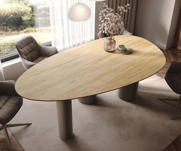 DELIFE Jídelní stůl Edge oválný 220x120 keramika Laminam® Sabbia dubová podnož kov titanový efekt