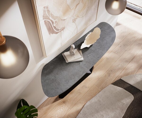 DELIFE Konzolový stůl Edge organický 140×40 cm keramika beton šedá Zentharo kov černá