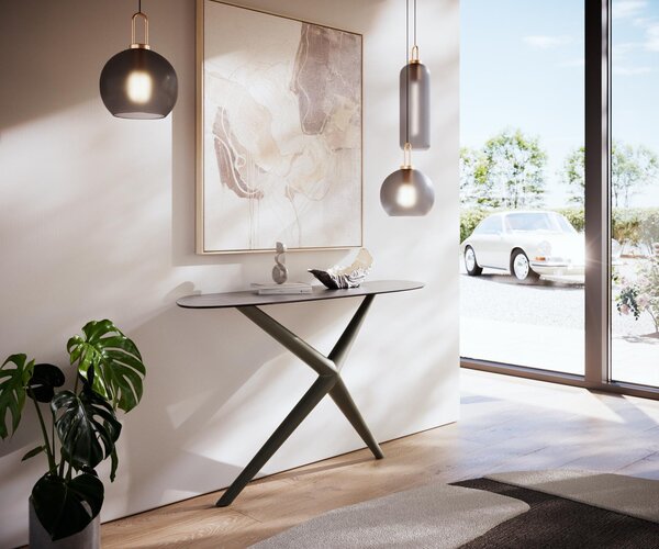 DELIFE Konzolový stůl Edge organický 140×40 cm keramika beton šedá Estelo kov titanová barva