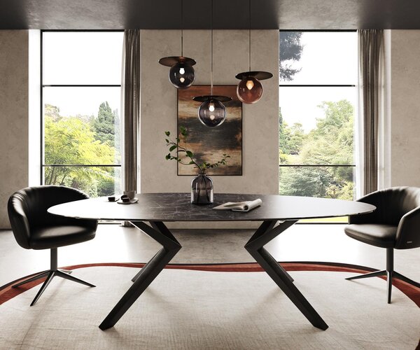 DELIFE Jídelní stůl Edge oválný 220x120 keramika Laminam® Nero Greco antracit Zenthara hranatý kov černá