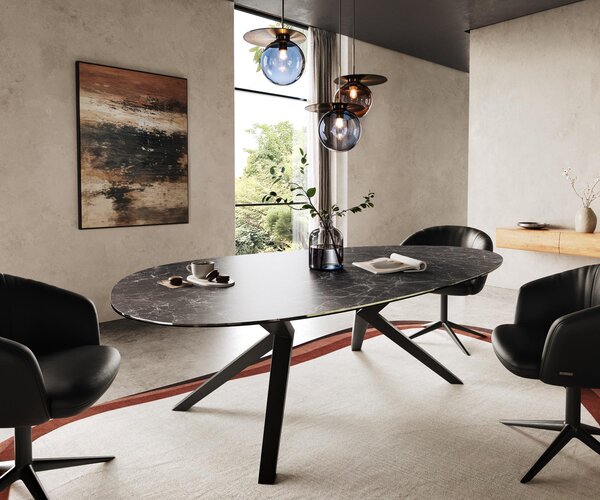DELIFE Jídelní stůl Edge oválný 220x120 keramika Laminam® Nero Greco antracit Zenthara hranatý kov černá