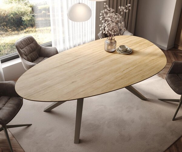 DELIFE Jídelní stůl Edge oválný 220x120 keramika Laminam® Sabbia dubová Zenthara hranatý kov titanové efektové provedení