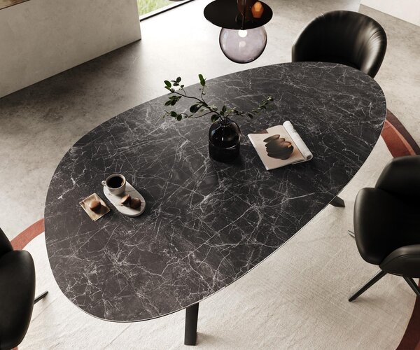DELIFE Jídelní stůl Edge oválný 220x120 keramika Laminam® Nero Greco antracit Zenthara hranatý kov černá