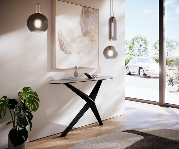 DELIFE Konzolový stůl Edge organický 140×40 cm keramika beton šedá Zentharo kov černá