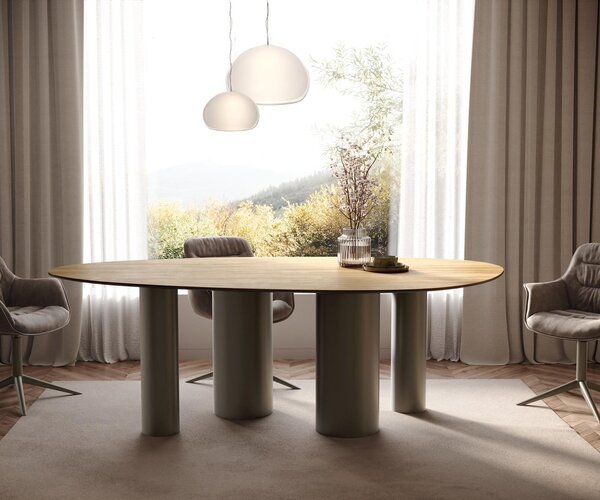 DELIFE Jídelní stůl Edge oválný 220x120 keramika Laminam® Sabbia dubová podnož kov titanový efekt