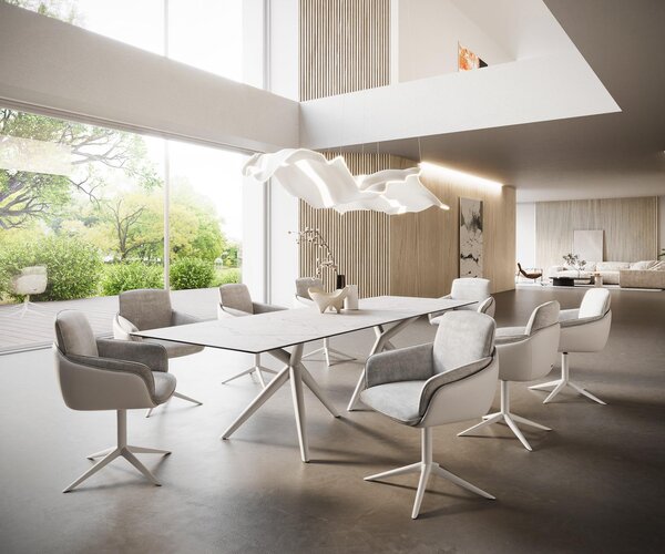 DELIFE Jídelní stůl Edge 300x100 keramika Laminam®Statuarietto bílá Estelar kulatý kov bílý