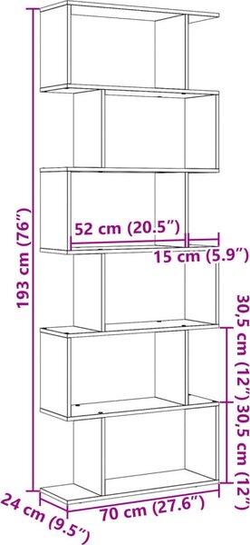 VidaXL Knihovna/dělící stěna 6patrová 70x24x193 cm kompozit [858092] Barva: kouřový dub