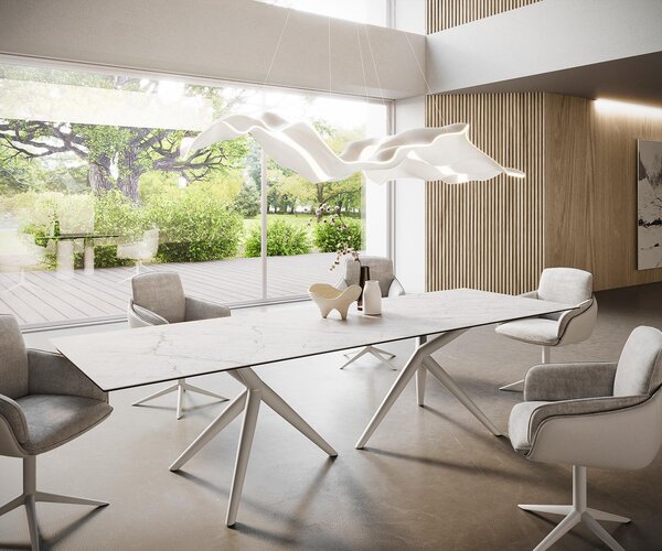 DELIFE Jídelní stůl Edge 300x100 keramika Laminam®Statuarietto bílá Estelar kulatý kov bílý